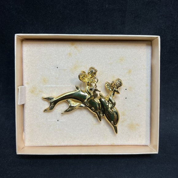 Kirks Folly Gold Tone Cherubs Riding Dolphins Brooch (4178) - Picture 2 of 6